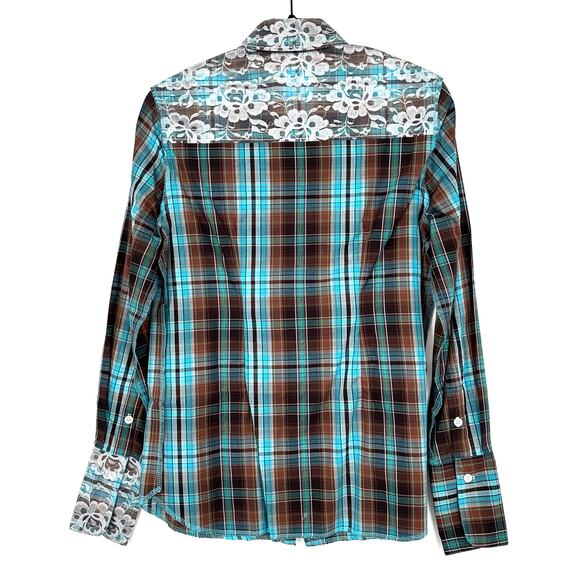 Ears of Buddha Shirt Womens Small Blue Plaid Lace Franky Hand Sewn Sustainable - Picture 3 of 9